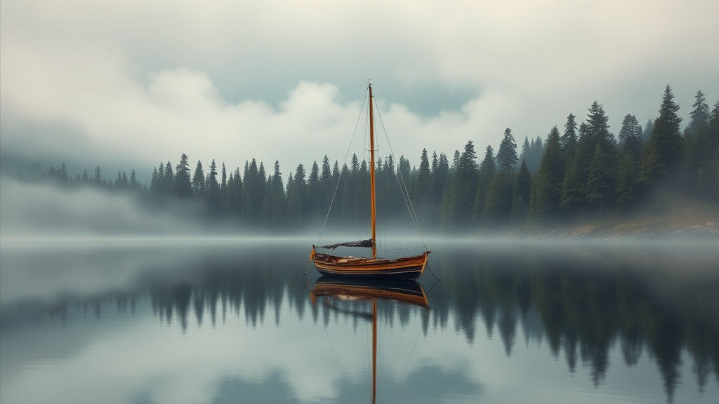 Lone Sailboat on Misty Lake, Bierstadt Style
