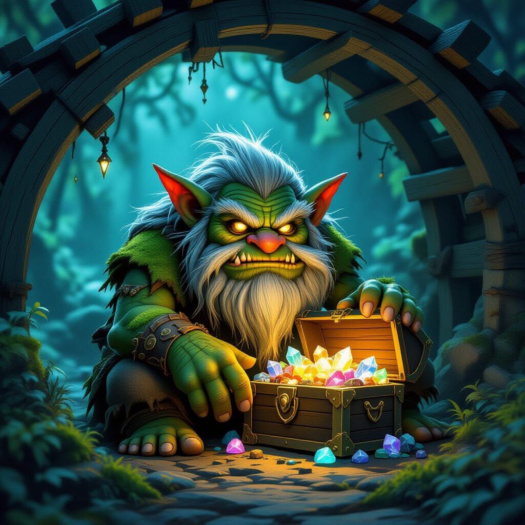 Troll Guarding Treasure Chest in Dark Fantasy Style