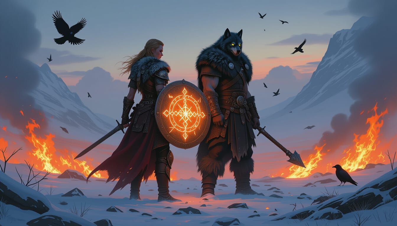 Nordic Warriors on Burning Battlefield in Digital Art Style