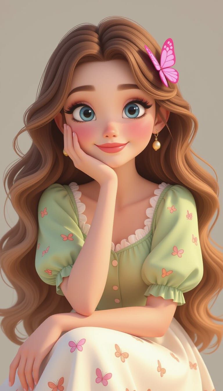3D Cartoon Woman with Butterfly Clip in Pixar Style
