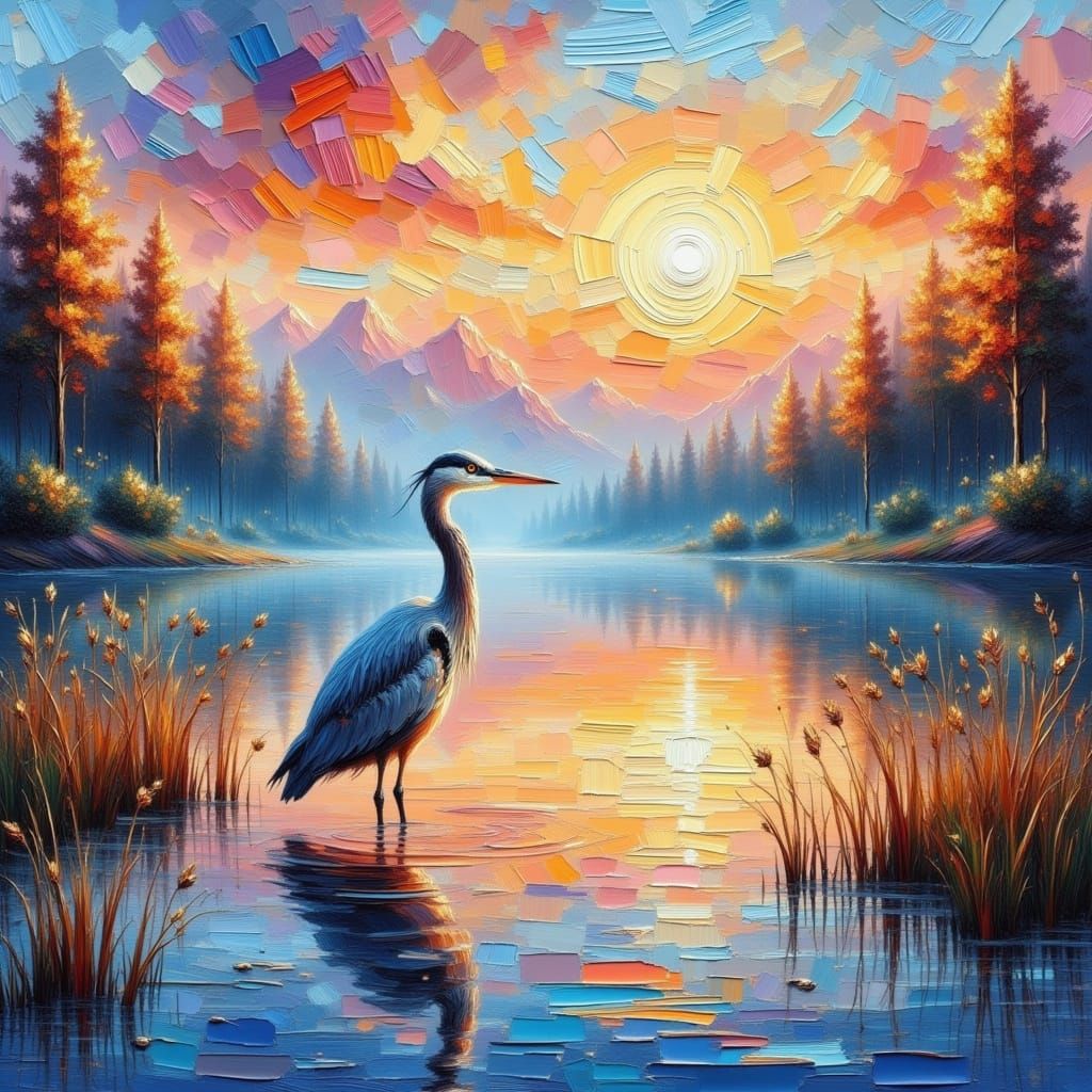 Blue Heron in Lake at Sunrise: Impasto Painting