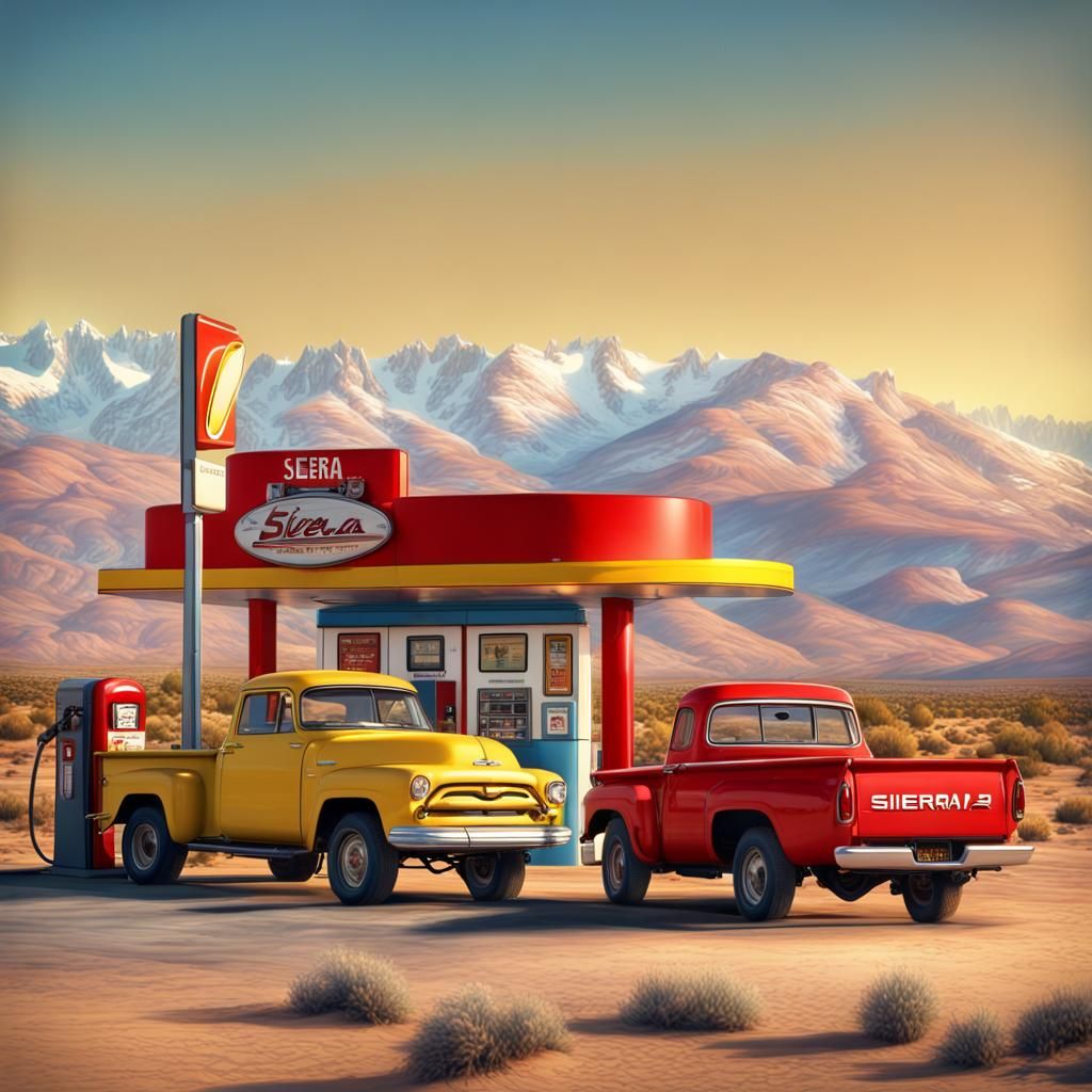 Vibrant 50s Gas Station in Sierra Nevada Desert
