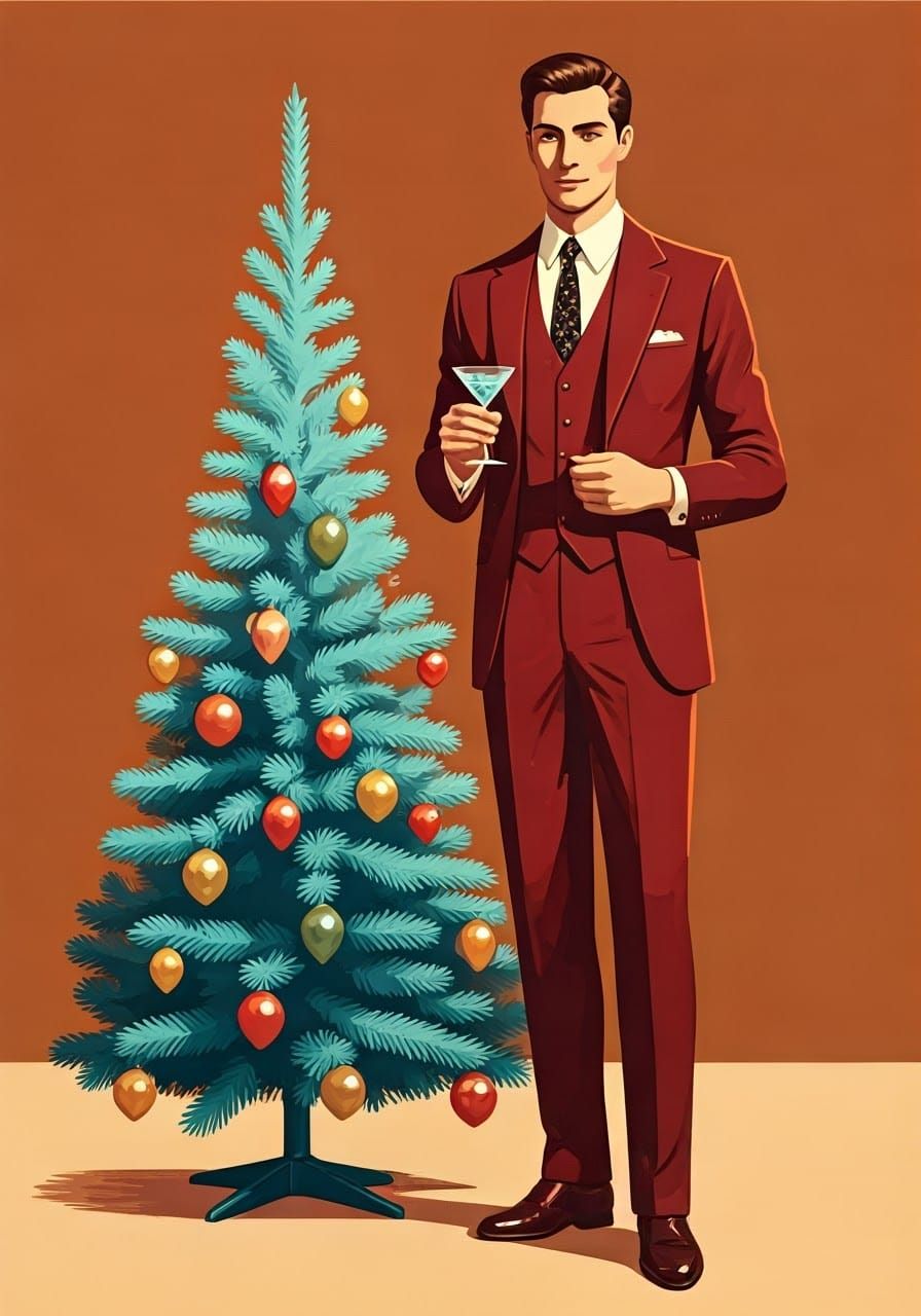 Suave Gentleman Surrounded by Christmas Cheer in Retro Style