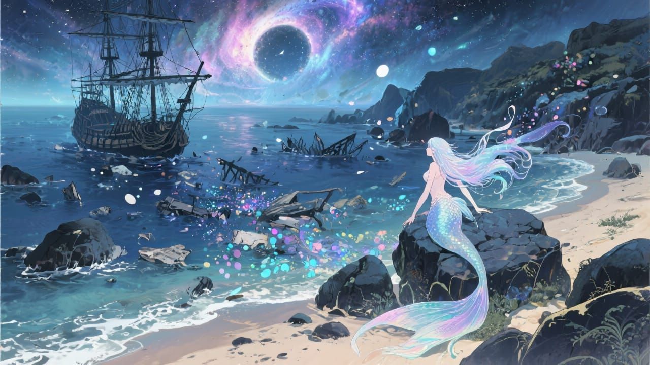 Mermaid on Coastline with Stargate, in Anime Style