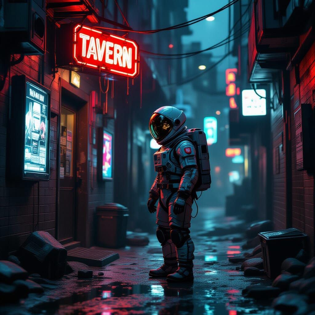 Astronaut in Neon Alleyway, Cyberpunk Tavern Scene