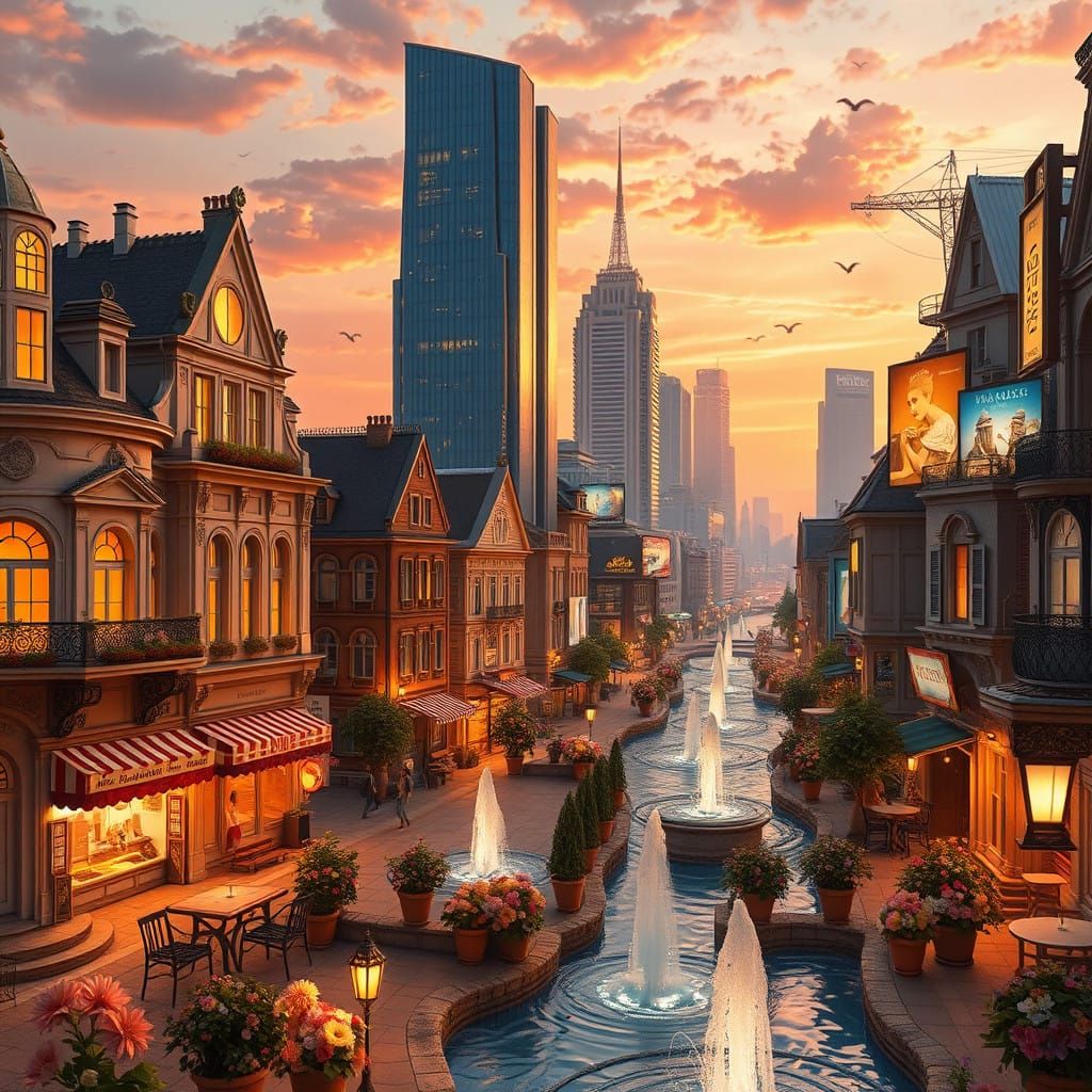 Whimsical Virtual Town at Sunset with French and Modern Arch...