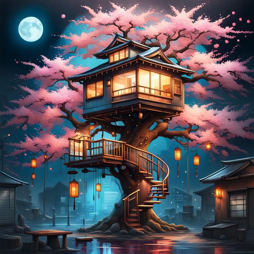 Hyperrealistic Japanese Treehouse with Graffiti Art