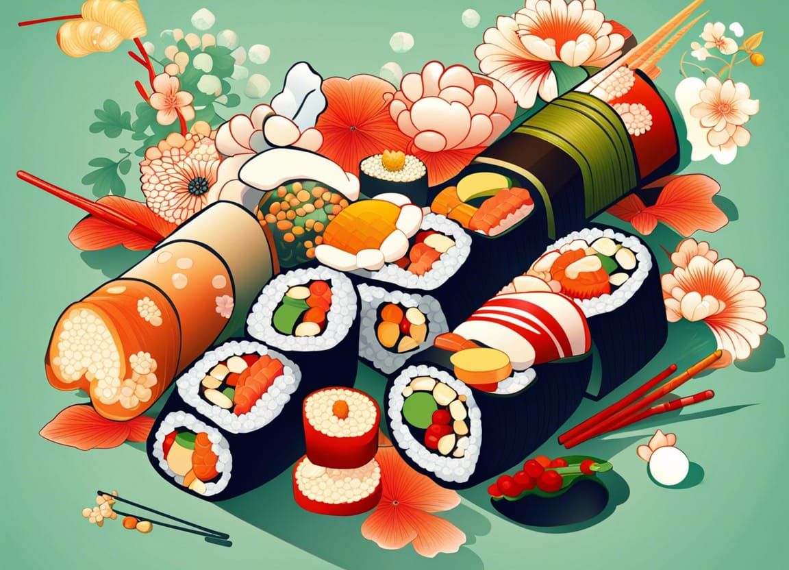 Pop Art Sushi Rolls in Ukiyo-e Style