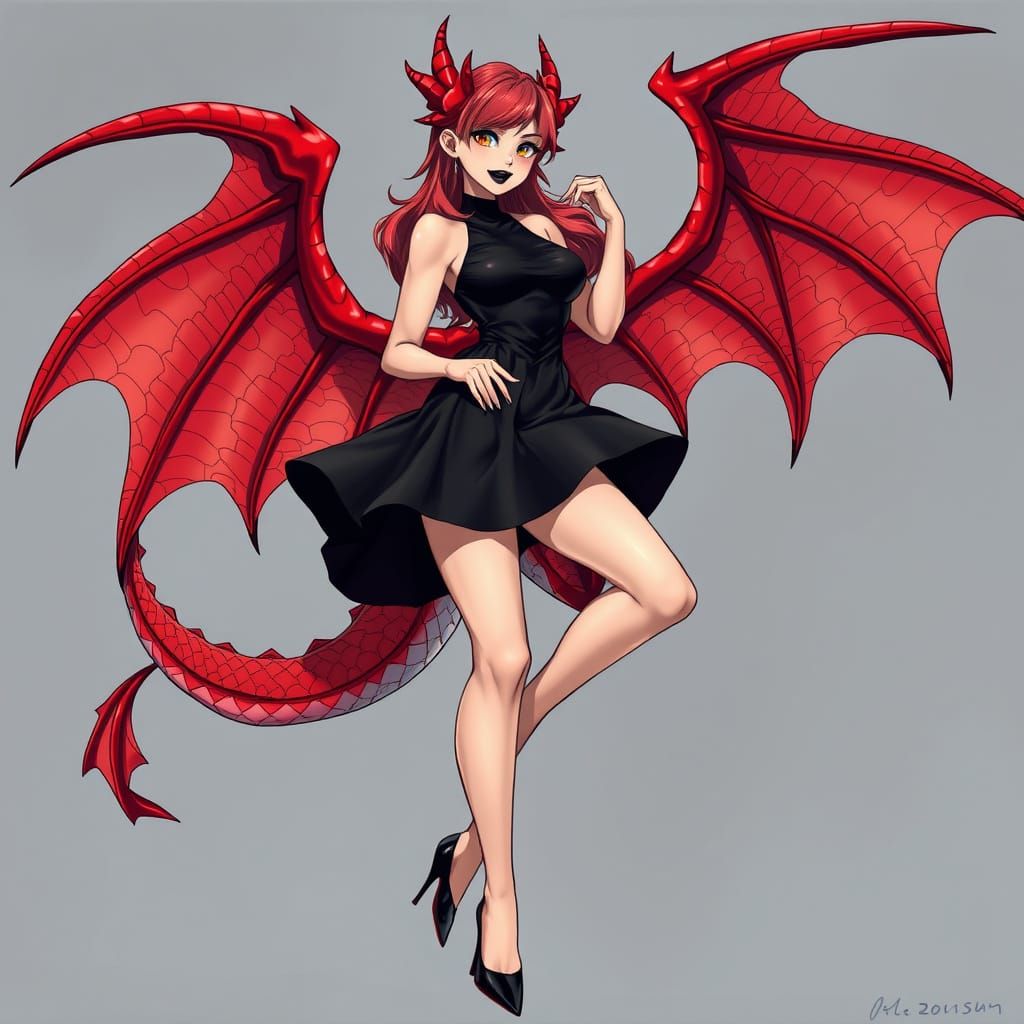 Dragon Anime Woman with Red Scales and Wings