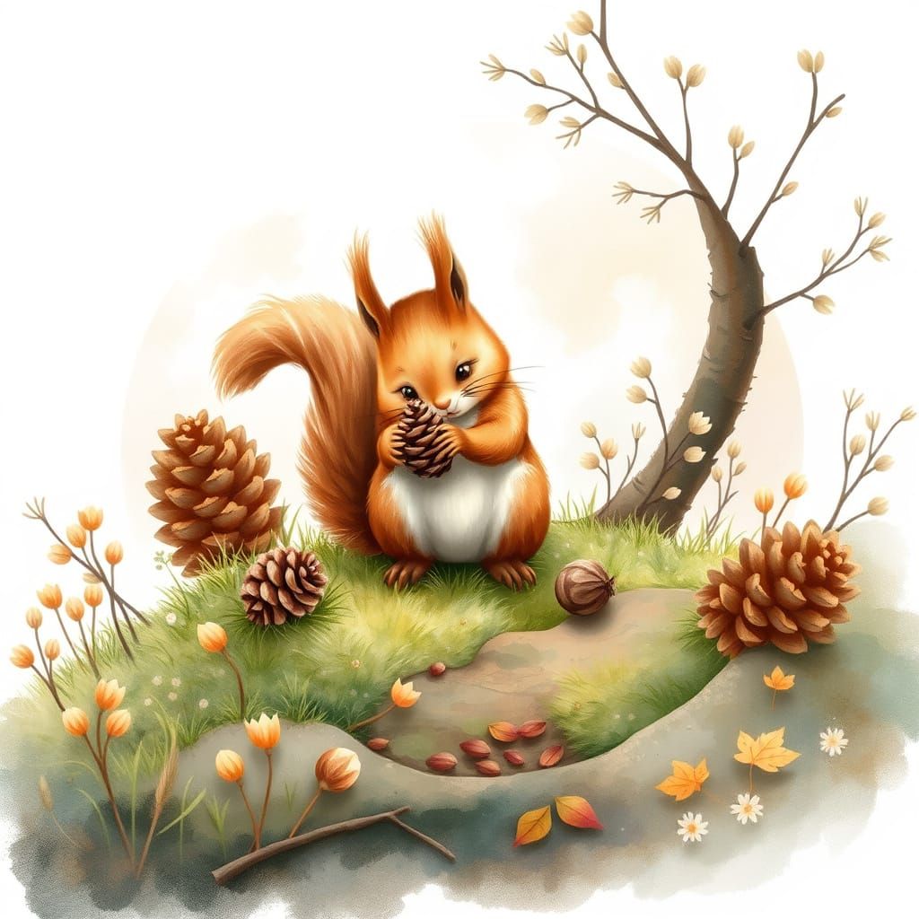 Whimsical Watercolor Squirrel in a Forest Clearing