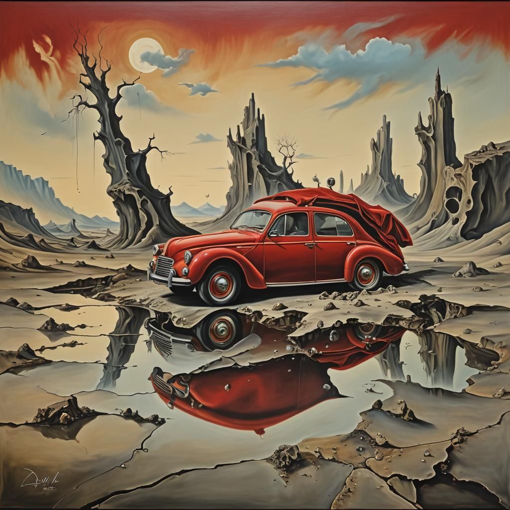 Surreal Red Car in Dali Style