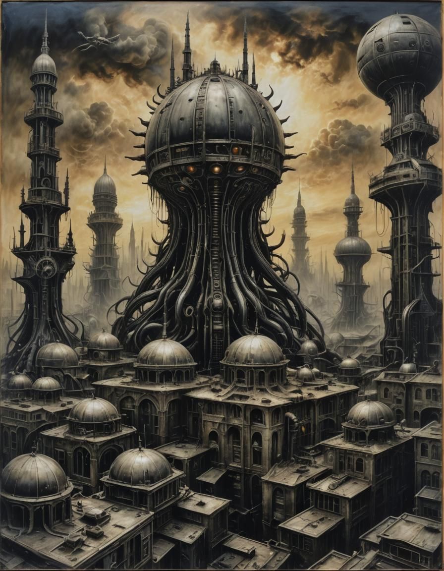 Dieselpunk City Under Burning Sky in Encaustic Style