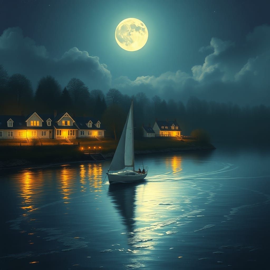 Moonlit Sailboat on River in Impressionistic Style