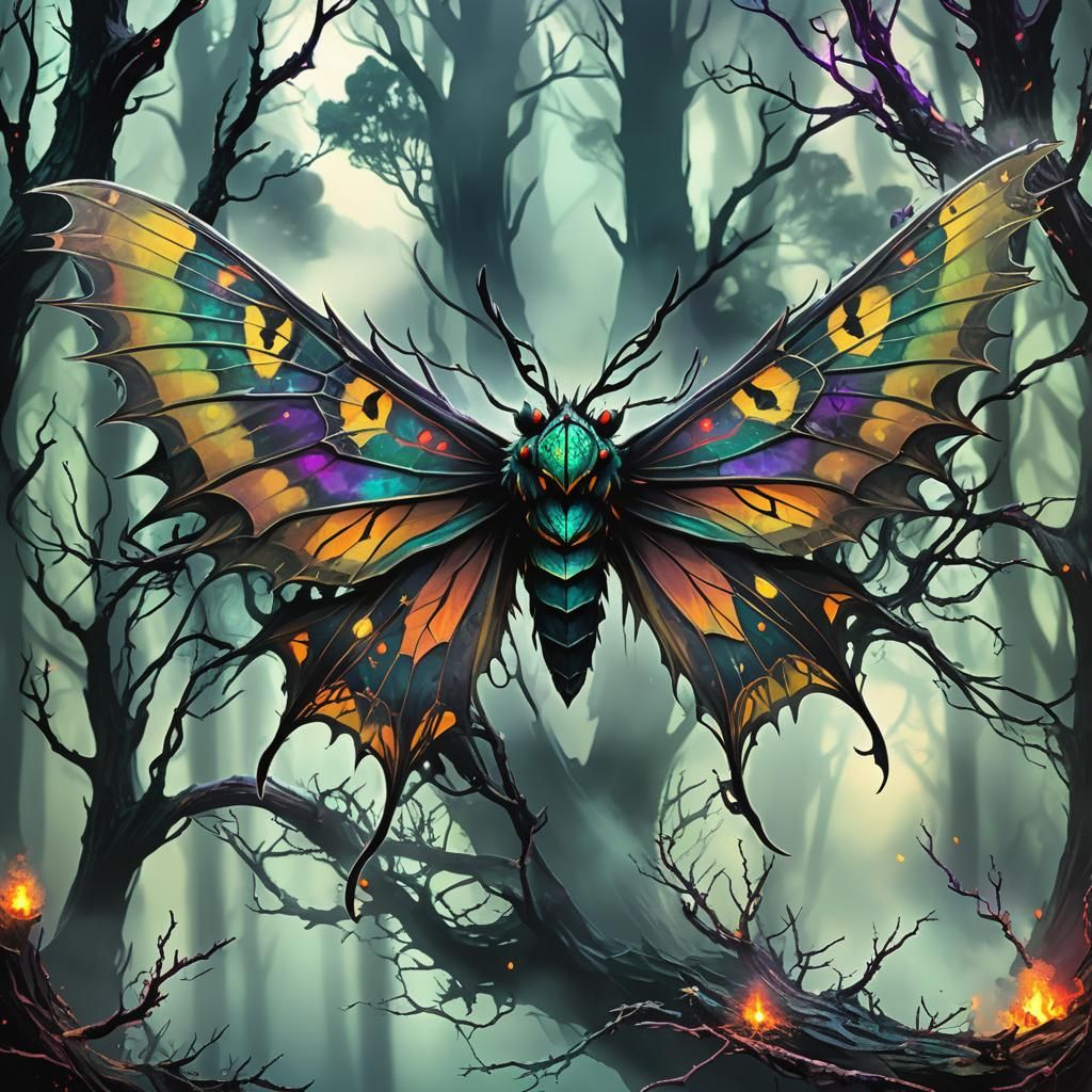 Darkpunk Dragon-Moth in Tormented Woods with Prismatic Color...