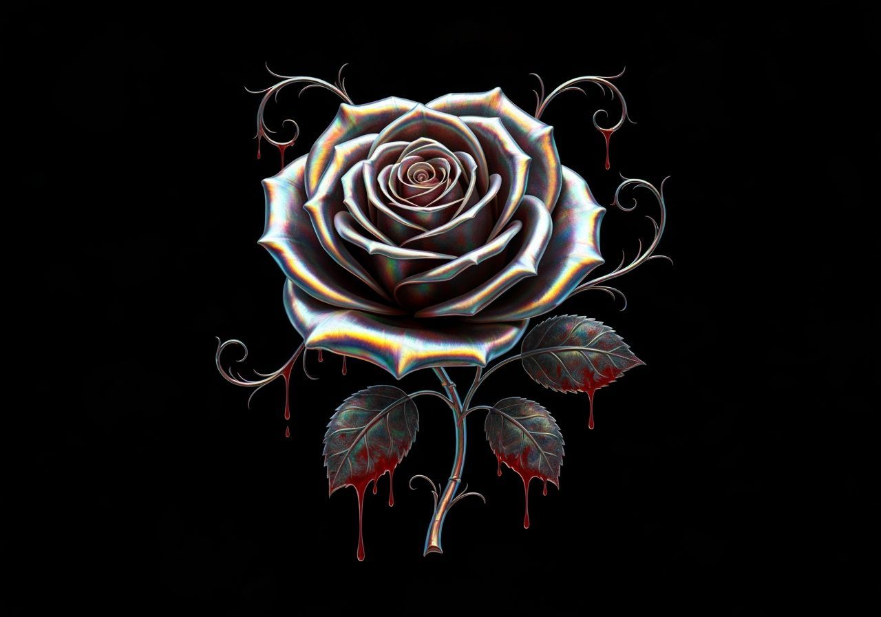Iridescent Rose with Dripping Blood & Swirling Leaves
