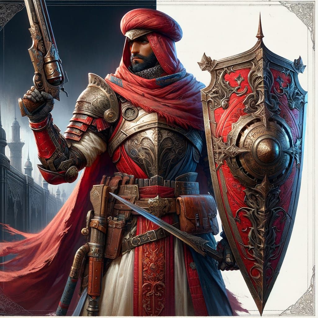 Red Knight Guard Wields Fantasy Gunblade and Shield