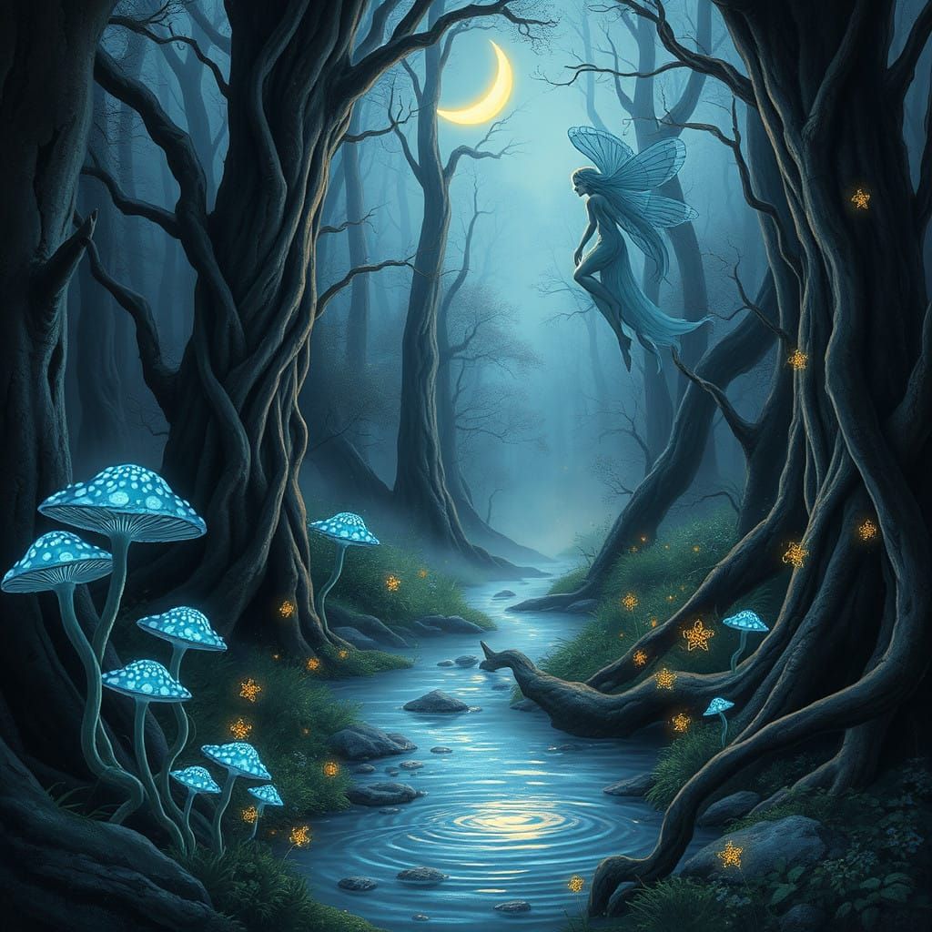 Enchanted Twilight Forest with Glowing Mushrooms and Etherea...
