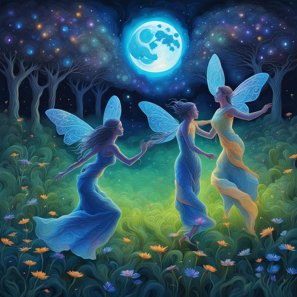 Moonlit Nymphs Dancing: Holographic Astral Illustration