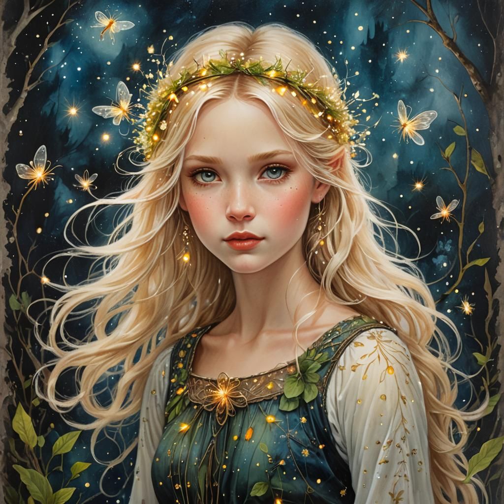 Norwegian Fairy Girl with Fireflies: Mixed Media Painting