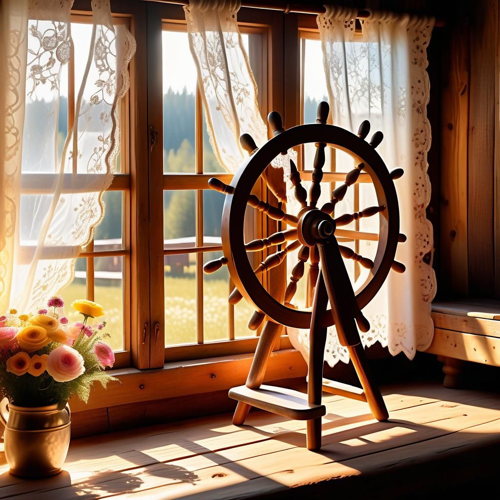 Rustic Spinning Wheel in Sunlight, Floral Painting