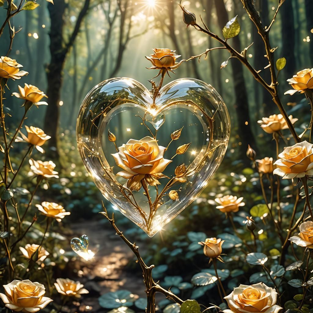 Radiant Fairy with Golden Rose in Crystal Heart