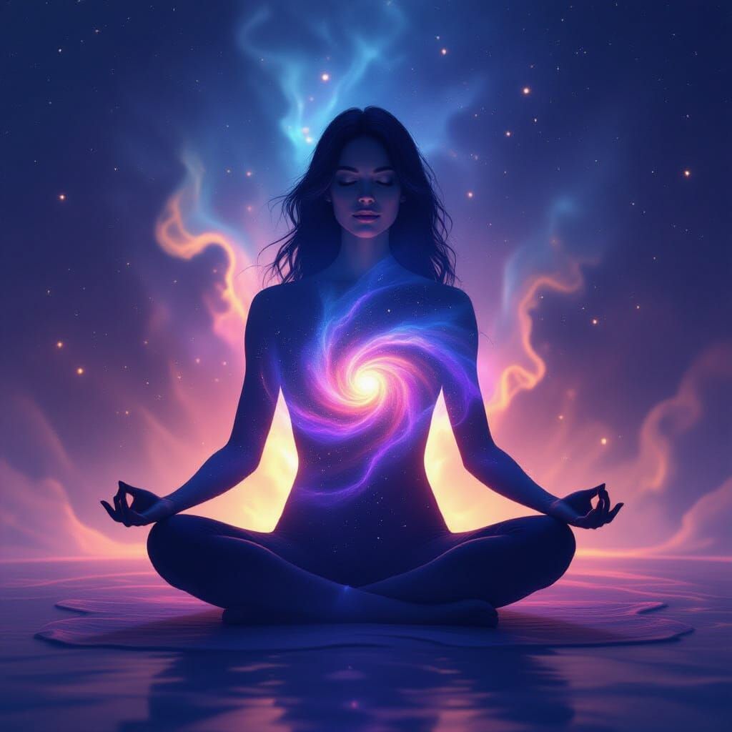 Holographic Yoga Pose With Galaxy Within