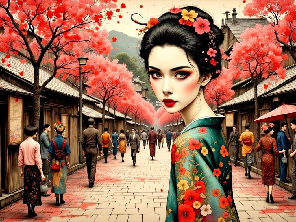 Hyperrealistic Japanese Cityscape with Cherry Blossoms