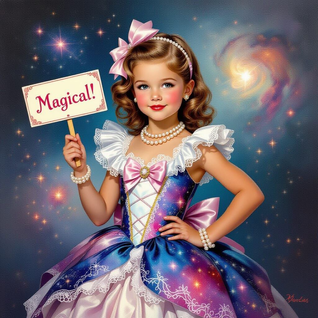 Girl in Nebula Dress with Magical Sign