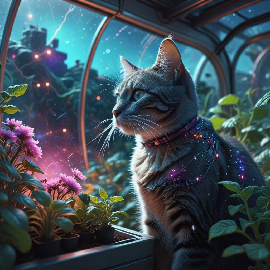 Astronaut Cat Gardening in Space: Digital Art