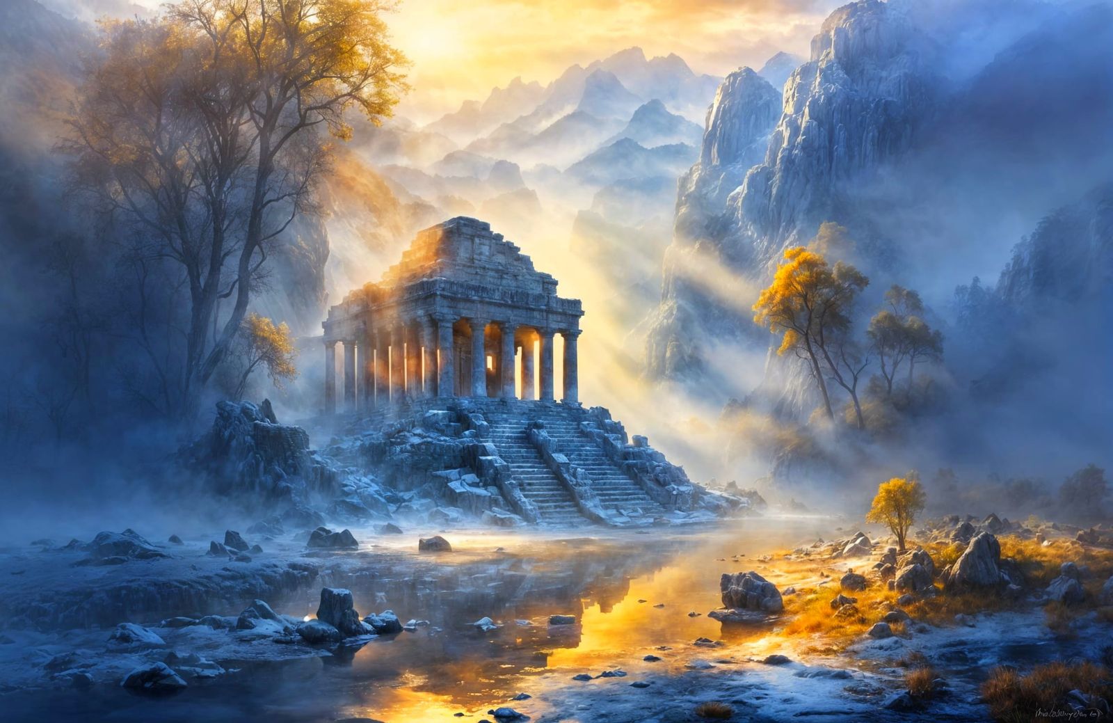 Misty Winter Ruins of Ancient Assyrian Temple