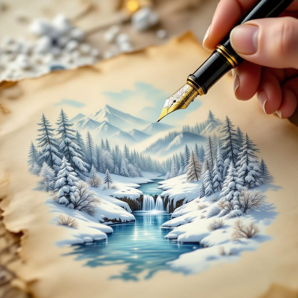 Surreal Winter Forest Emerges from Antique Parchment