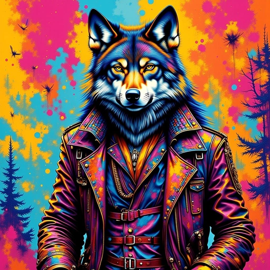 Wolf in Leather Jacket, Pop Art Style