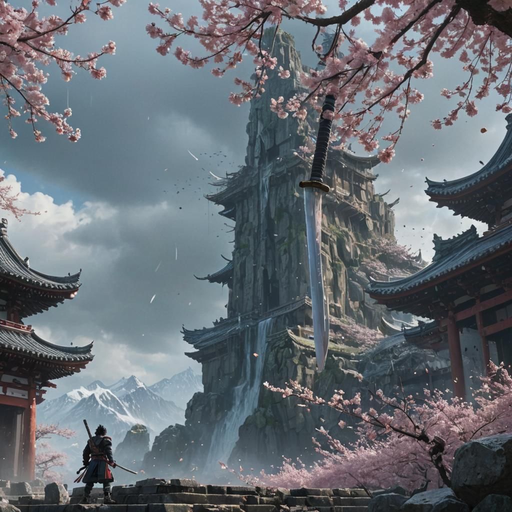 Samurai in Battle at Ruined Temple