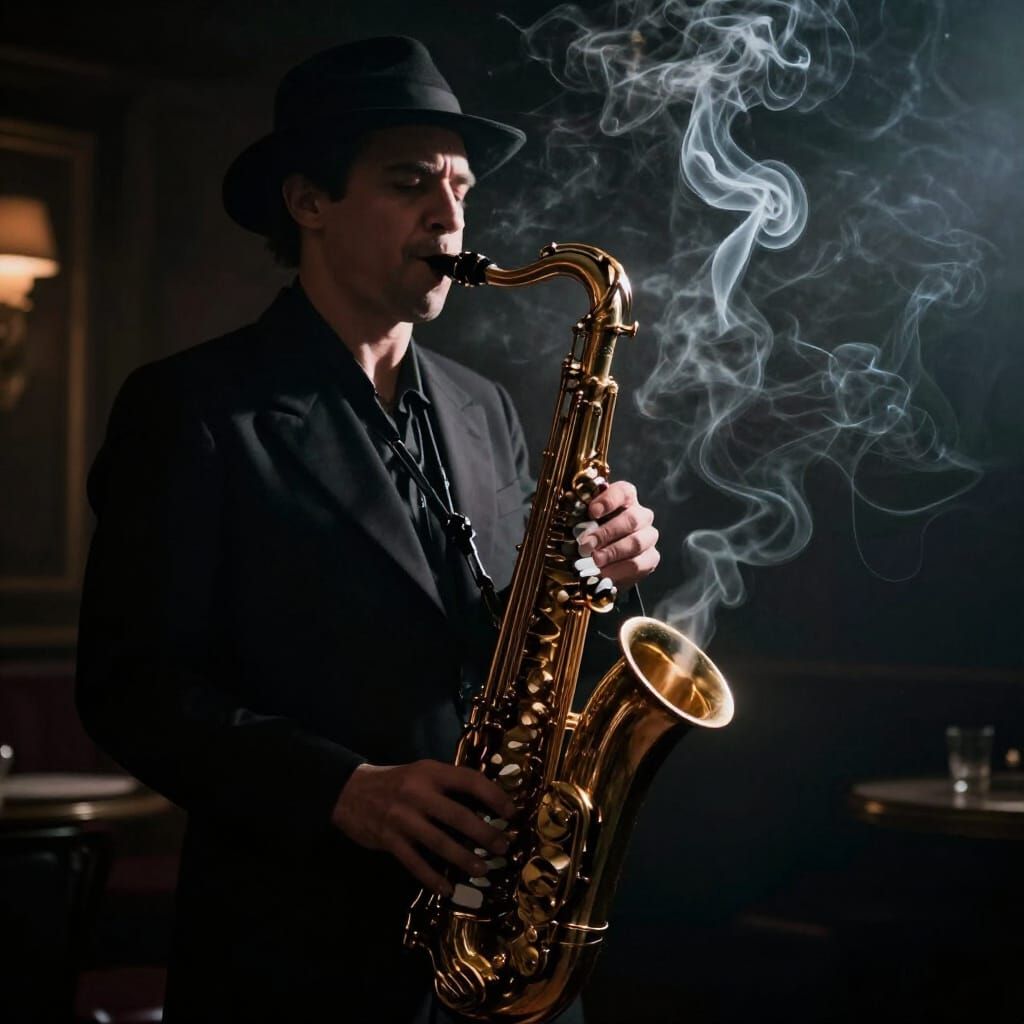Ethereal Jazz Musician Made of Smoke in Noir Style