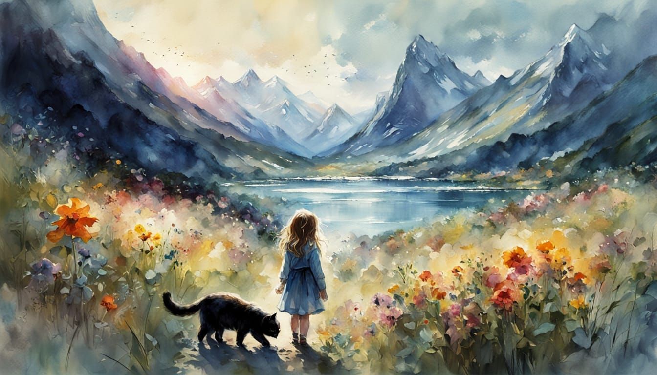 Surreal Watercolor Landscape with Girl, Cat, and Fading Ligh...