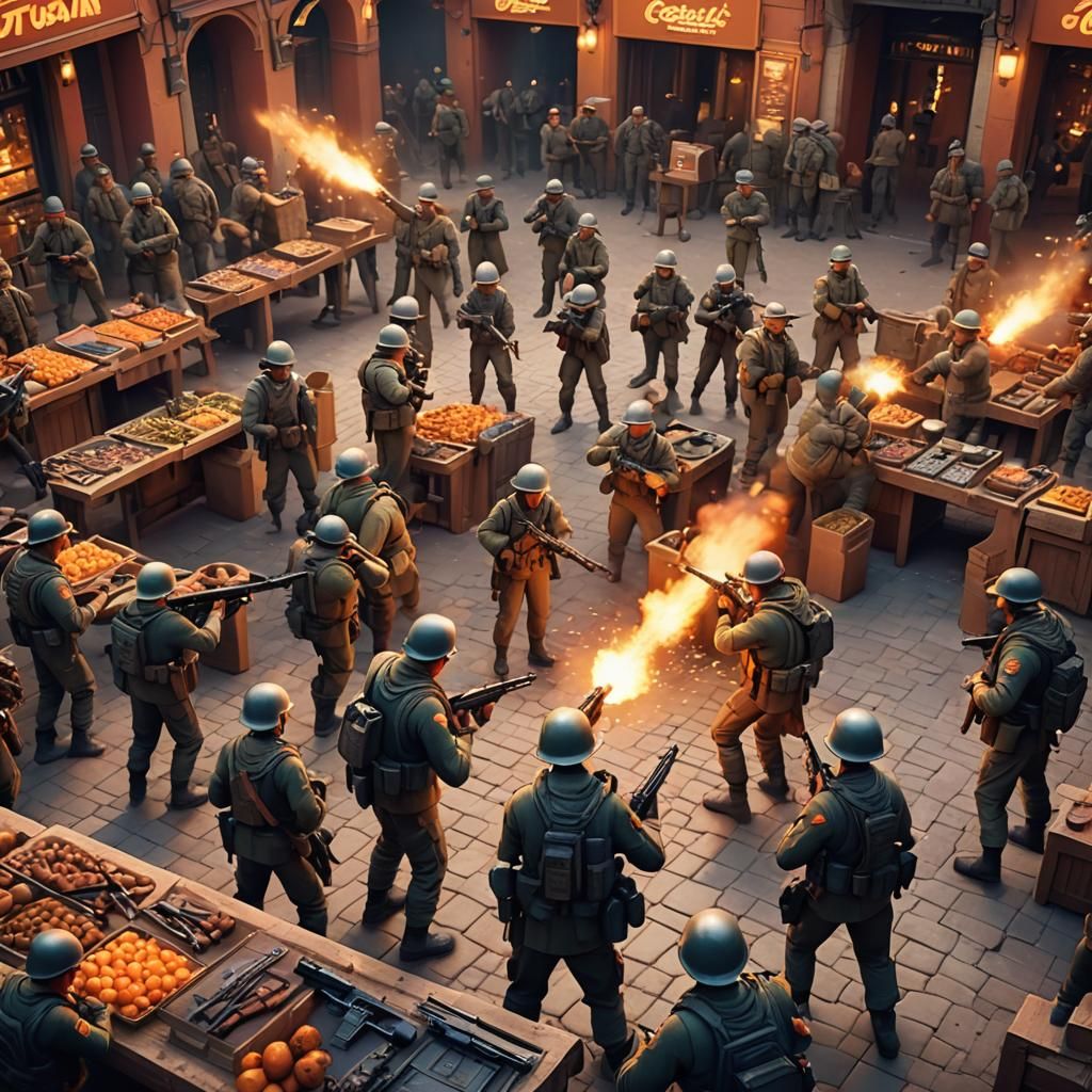 Intense Marketplace Gunfight in Pixar-Inspired 3D