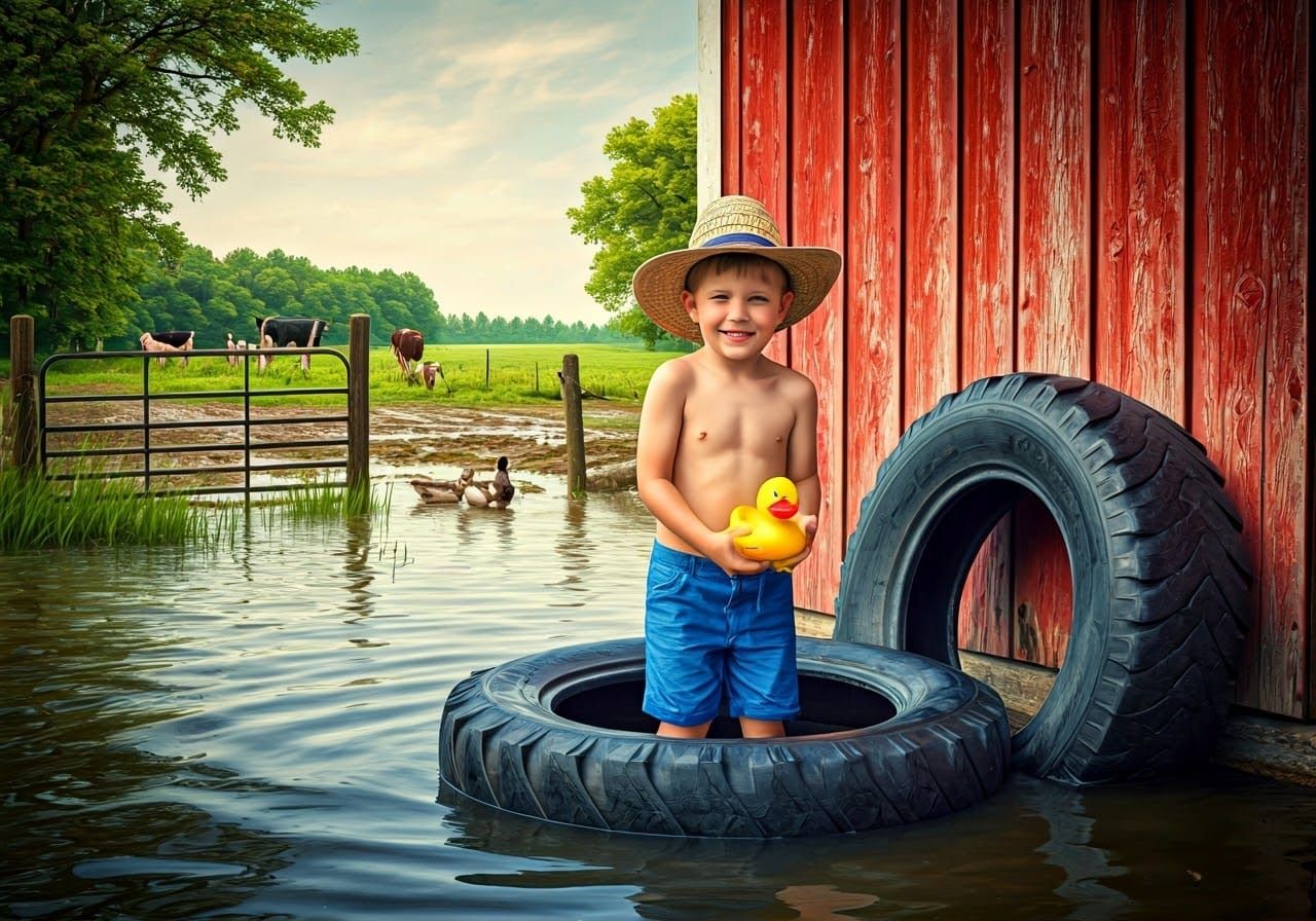 Farm Boy Soaks in Tire Tub, Surrounded by Playful Farm Frien...