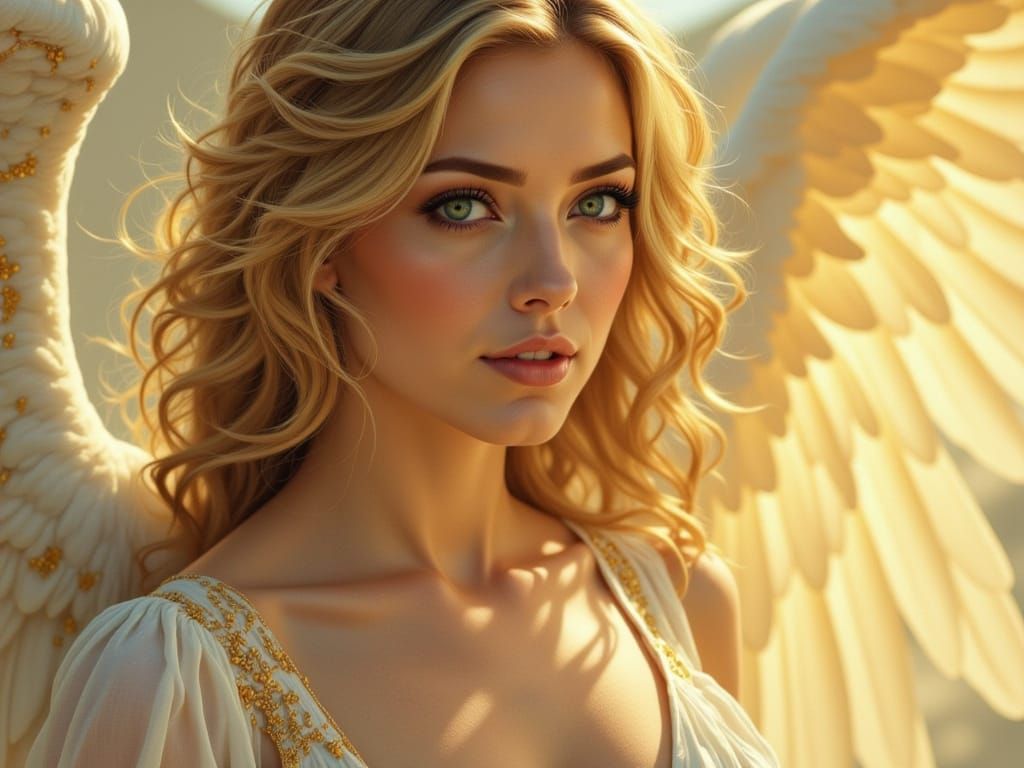 Glowing Angel with Woman's Face and Blue Eyes