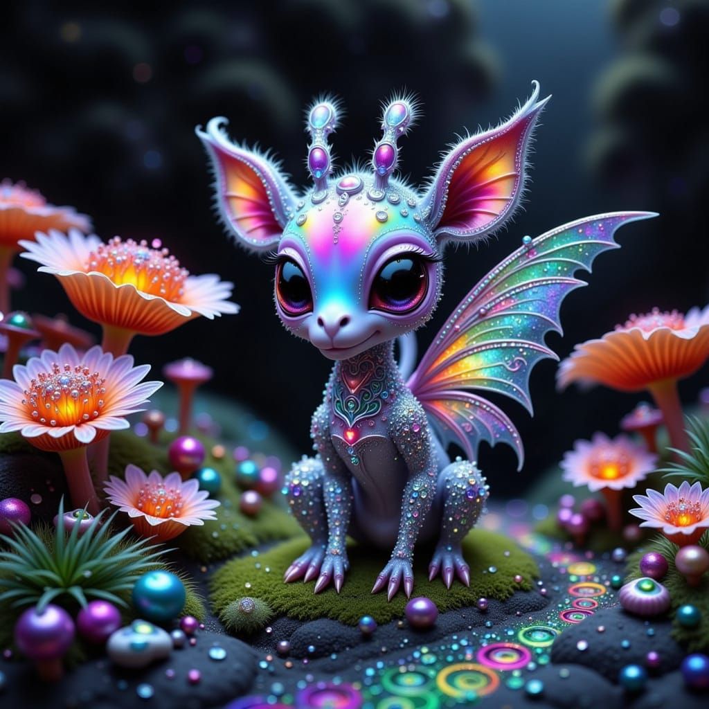 Whimsical Fae Creature in Dreamy, Futuristic Landscape