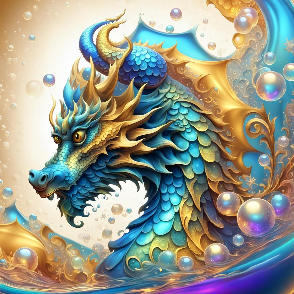 Golden Dragon Relaxing in Bubble Bath with Fractals