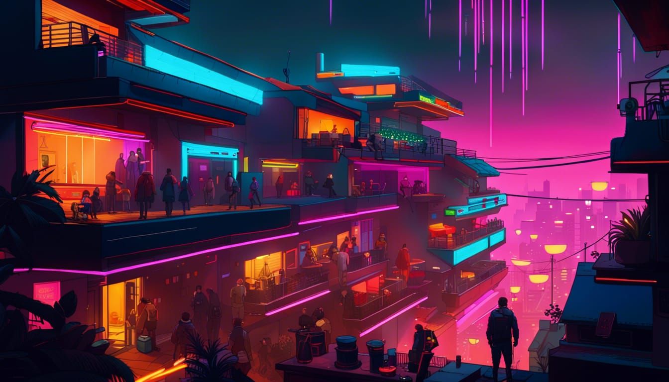 Bustling Latin Village in Cyberpunk 2099 Style
