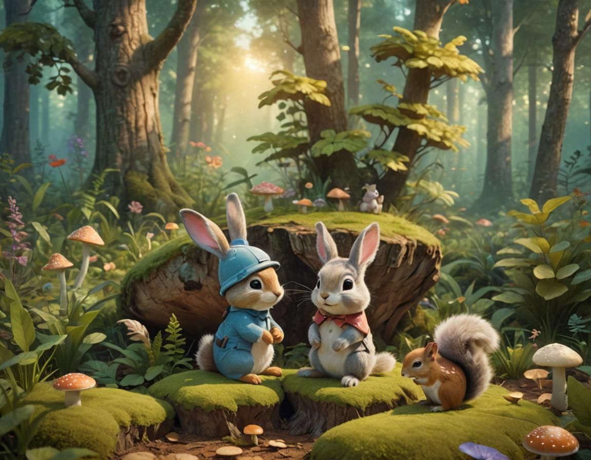 Bunny and Squirrel in Forest: 3D Digital Art