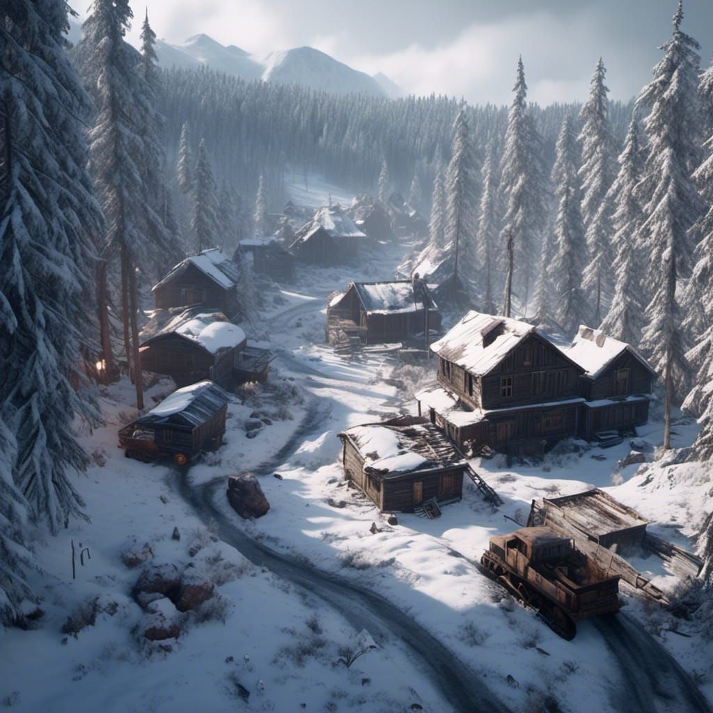 Snowy Ruin: A 3D Rendered Mining Town