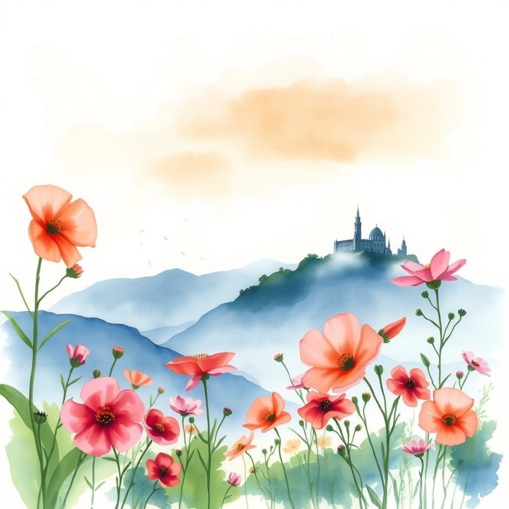 Dreamy Watercolour Landscape with Mountain Castle