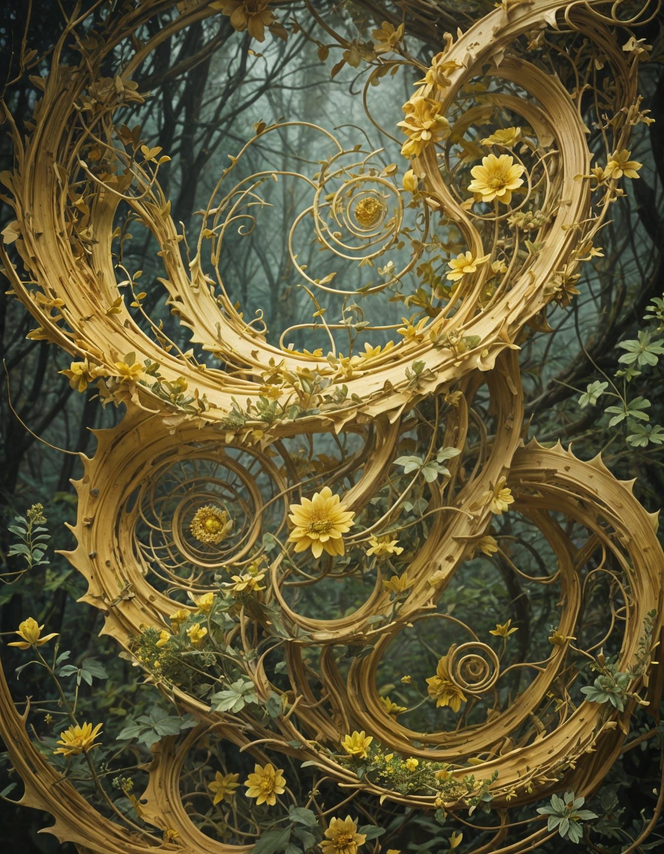 Spiraling Yellow Flower in Forest, Floral Style