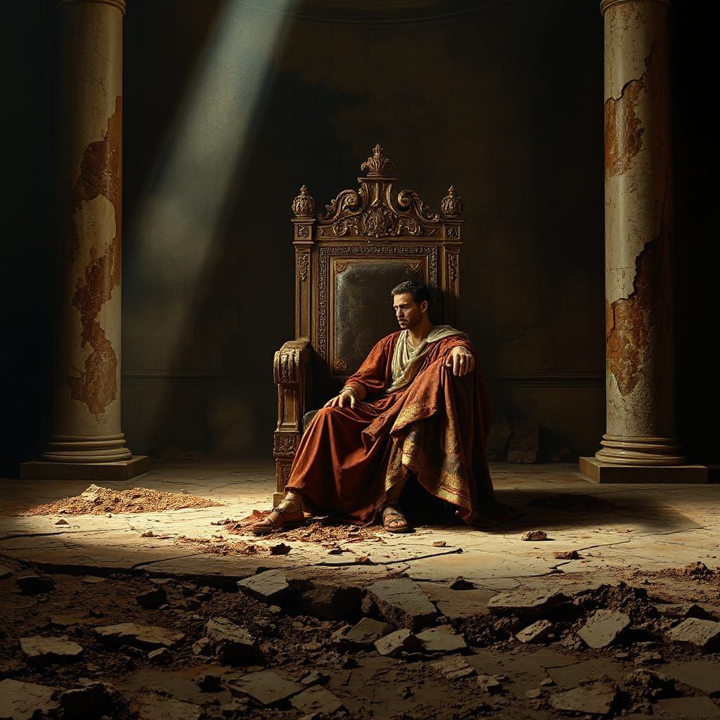 Roman Emperor's Sadness in Crumbling Throne Room