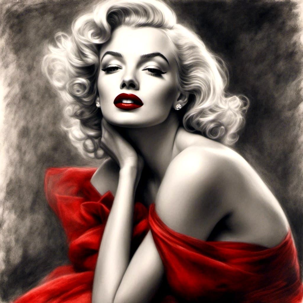 Marilyn Monroe in Red Dress: Charcoal Drawing