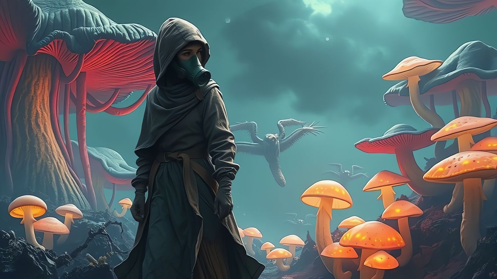 Post-Apocalyptic Woman Amid Fungal Landscape