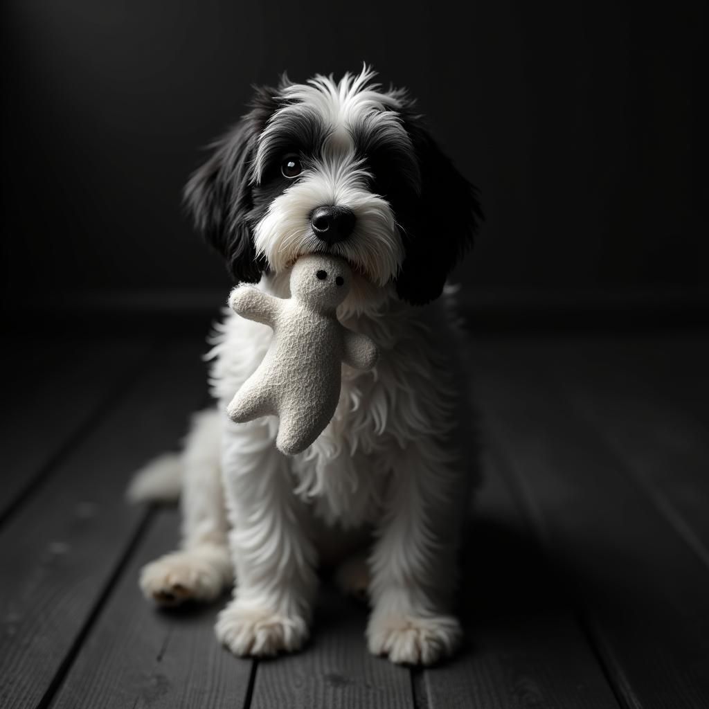Monochrome Havanese Dog with Toy Ghost