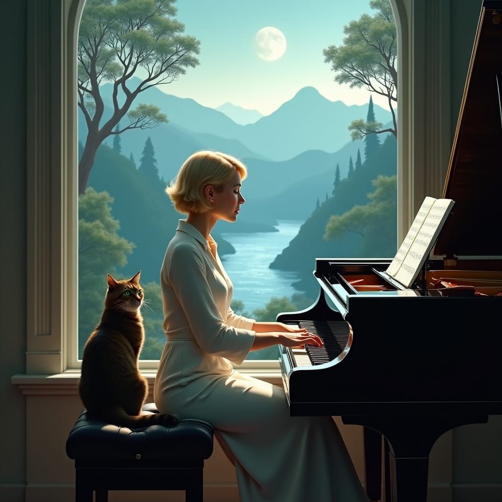 Pianist and Cat in Dreamlike Landscape